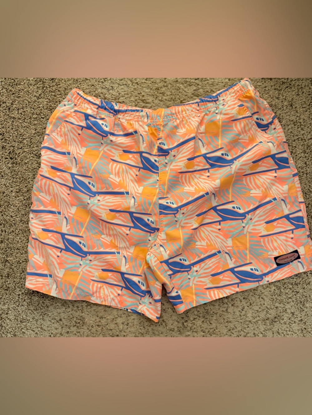 Vineyard Vines Coral & Blue Tropical Print Swim Trunks